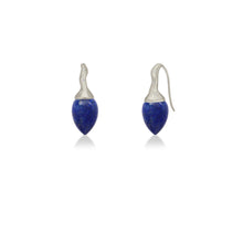 Lapis drop earrings with white gold and diamond ripple bales, on a white backgorund.