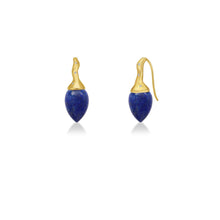 Lapis drop earrings with yellow gold and diamond ripple bales, on a white backgorund.