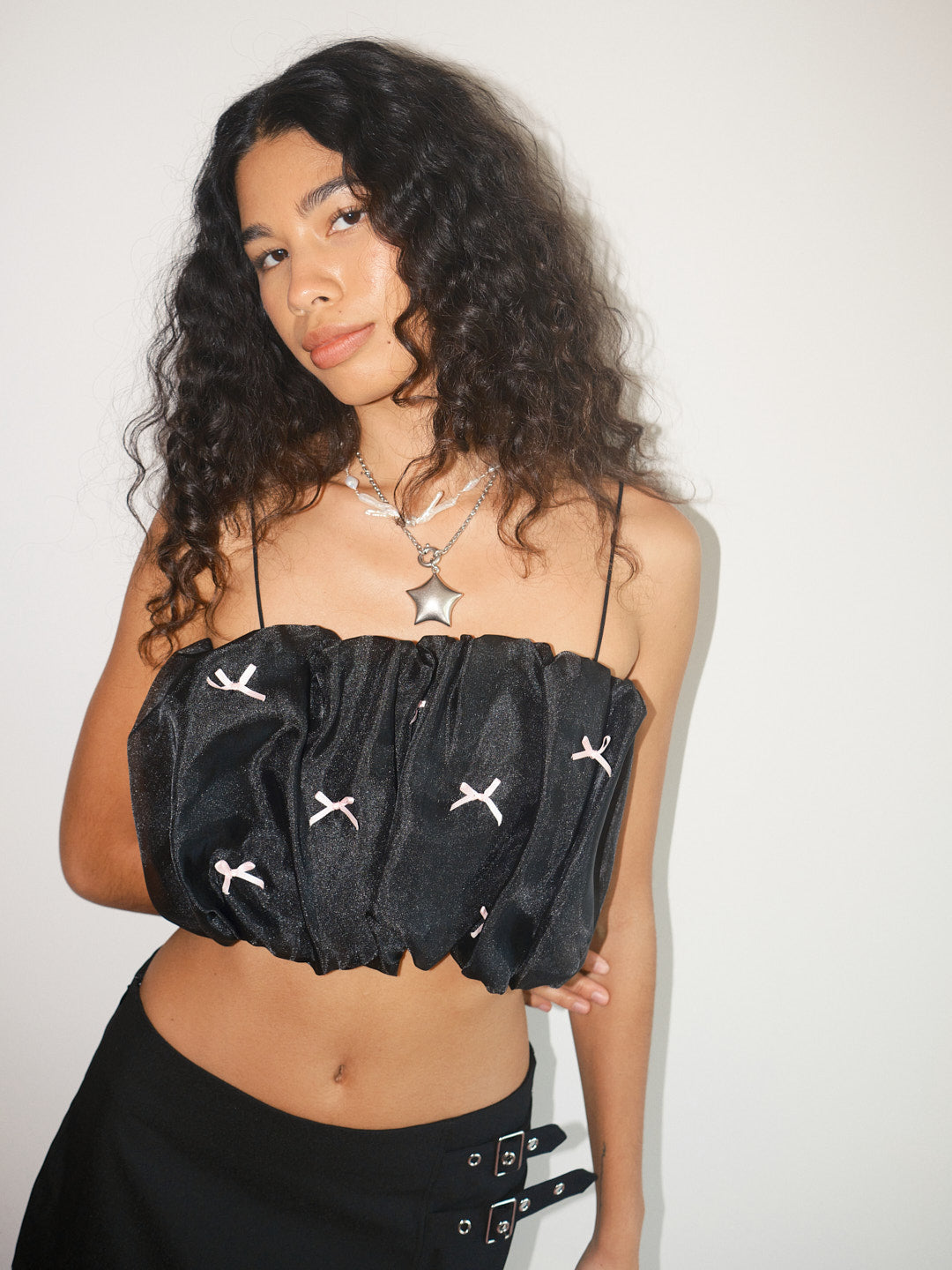 Jemma Bubble Top | Black Pink Bow