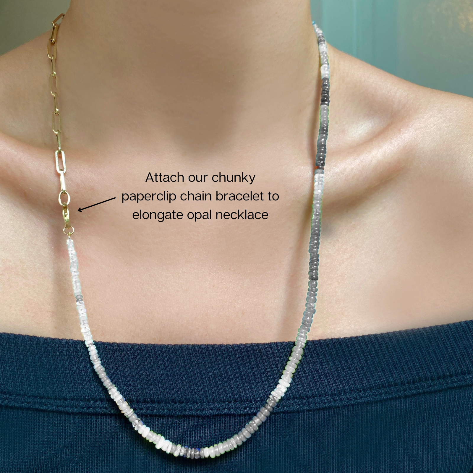 attach our chunky paperclip chain bracelet to elongate opal necklace. Beaded opal necklace attached to paperclip chain bracelet