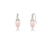 Pink opal drop earrings with white gold and diamond ripple bales on a white background.
