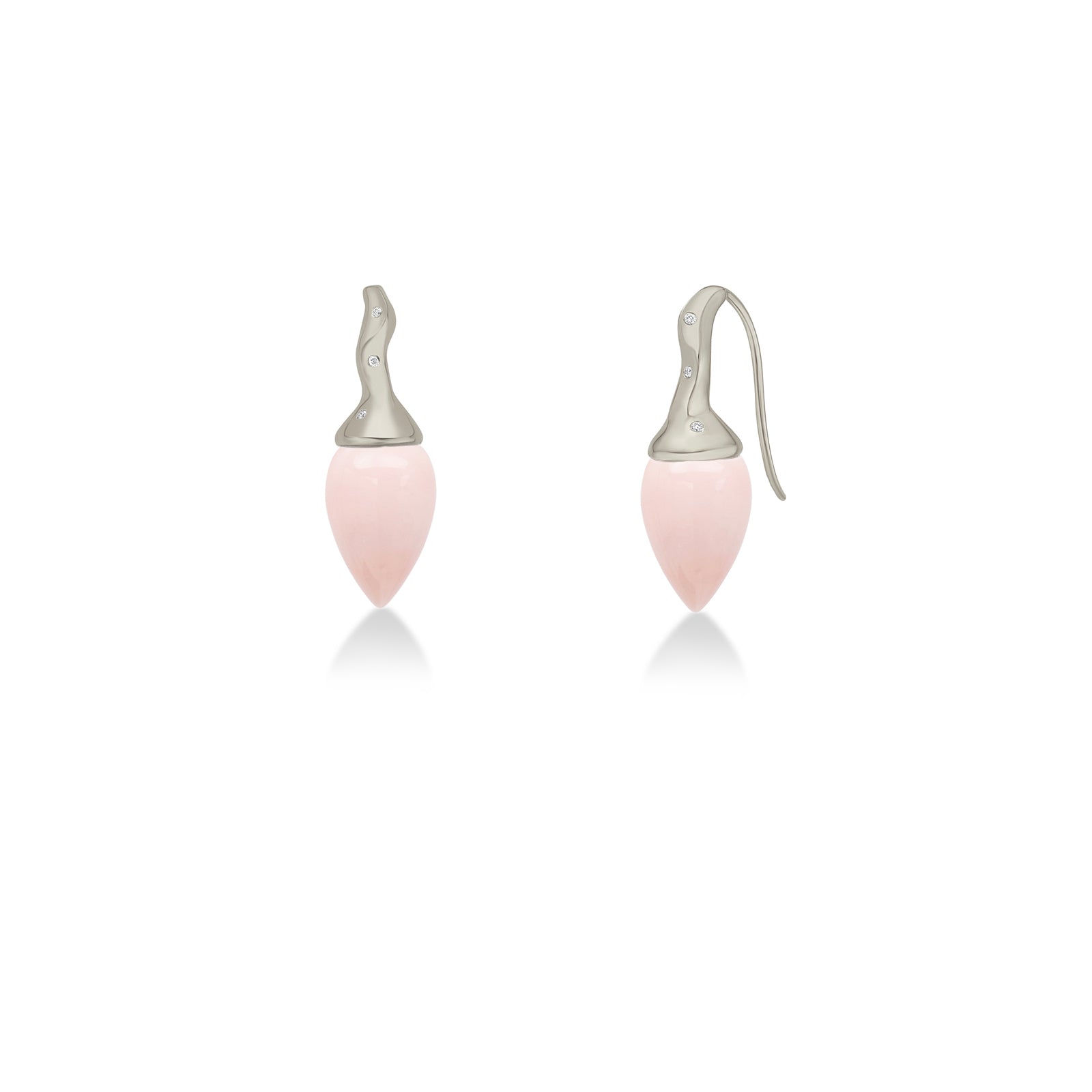 Pink opal drop earrings with white gold and diamond ripple bales on a white background.
