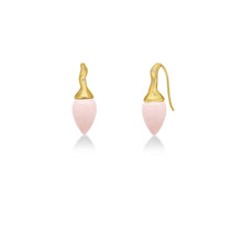 Pink opal drop earrings with yellow gold and diamond ripple bales on a white background.