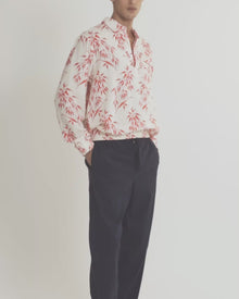 Lakewood Easy Fit Classic Collar Long-Sleeve Bamboo Print Linen Overhead Shirt | White Sand/Summer Red