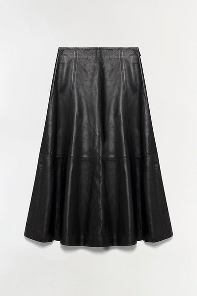 Black leather midi skirt with A-line silhouette and vertical seam details on the front.