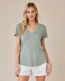 Side Slit V-Neck Tee | Olive Grove