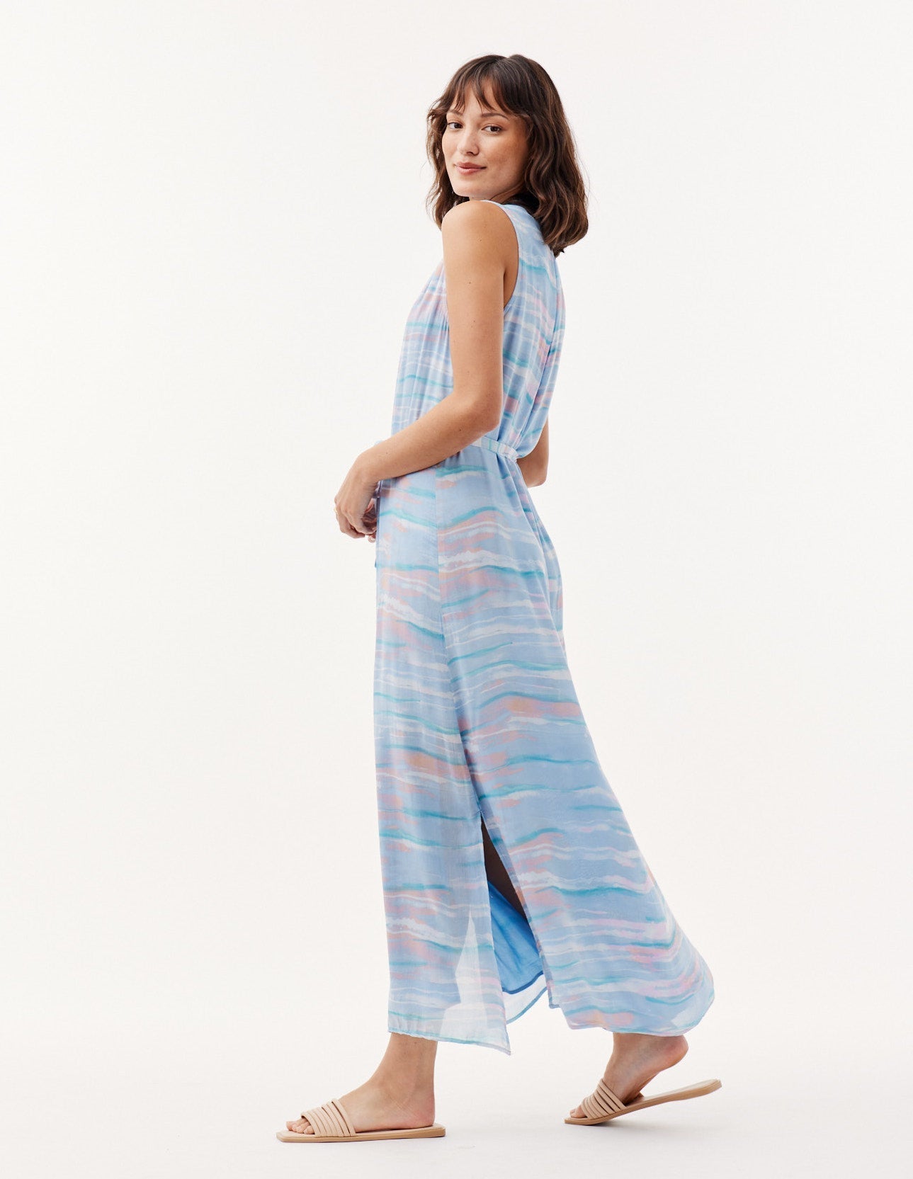 Sleeveless Pleat Front Maxi Dress | Milos Stripe Print