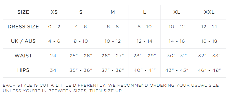 Product size guide