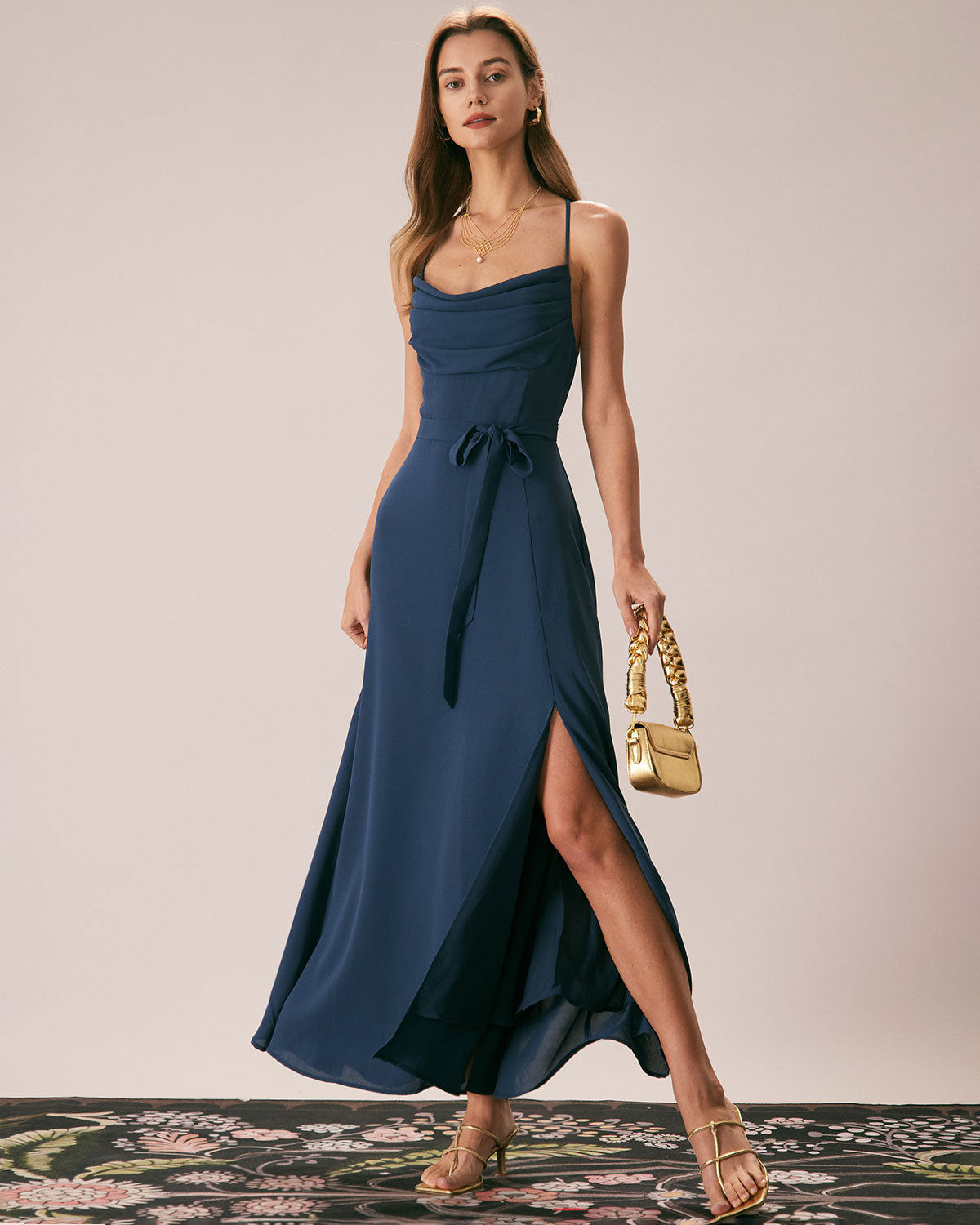 The Cowl Neck Cutout Back Dress Navy Dresses - RIHOAS