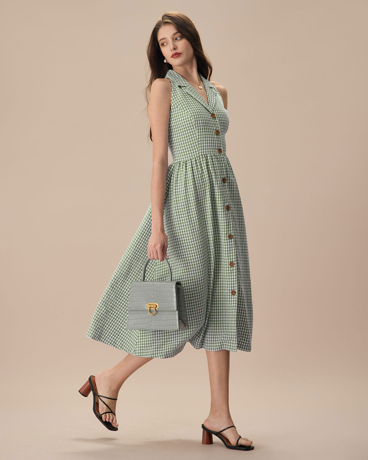 The Green Lapel Plaid Sleeveless Shirt Midi Dress