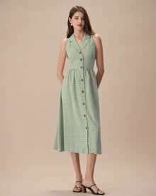 The Green Lapel Plaid Sleeveless Shirt Midi Dress