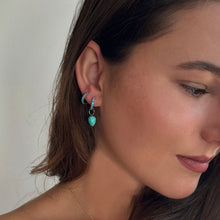 14K Gold 13mm Turquoise Pavé Hoops styled together with a Amazonite Acorn Charm attached