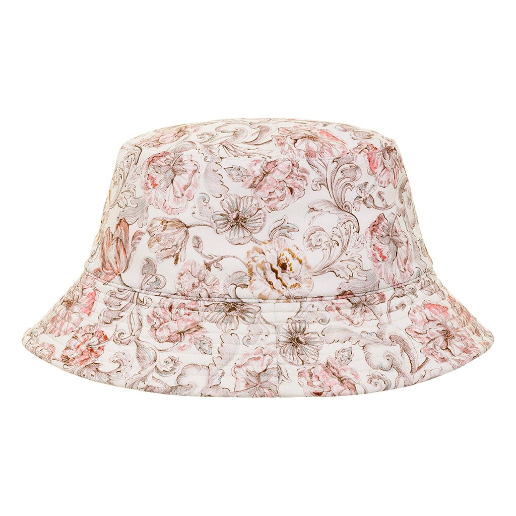 Cream bucket hat with pink, coral, and brown floral and scrolling vine print throughout.