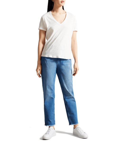Women | Easy V Neck Linen Tee | White Multi