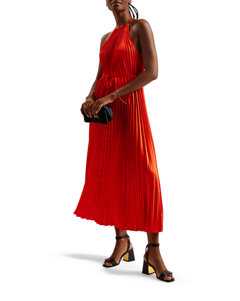 Women | Pleated Halterneck Midi D | Burgundy