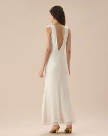 Women's White Lace Twist Backless Maxi Dress