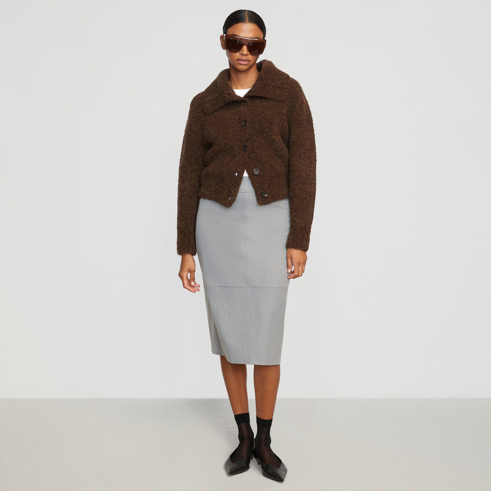 Yulia Back-Slit Suiting Skirt | Heather Grey