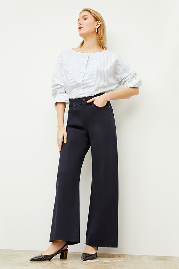 Image of a woman wearing the Chiara Top in Blue / Ivory | Exclude