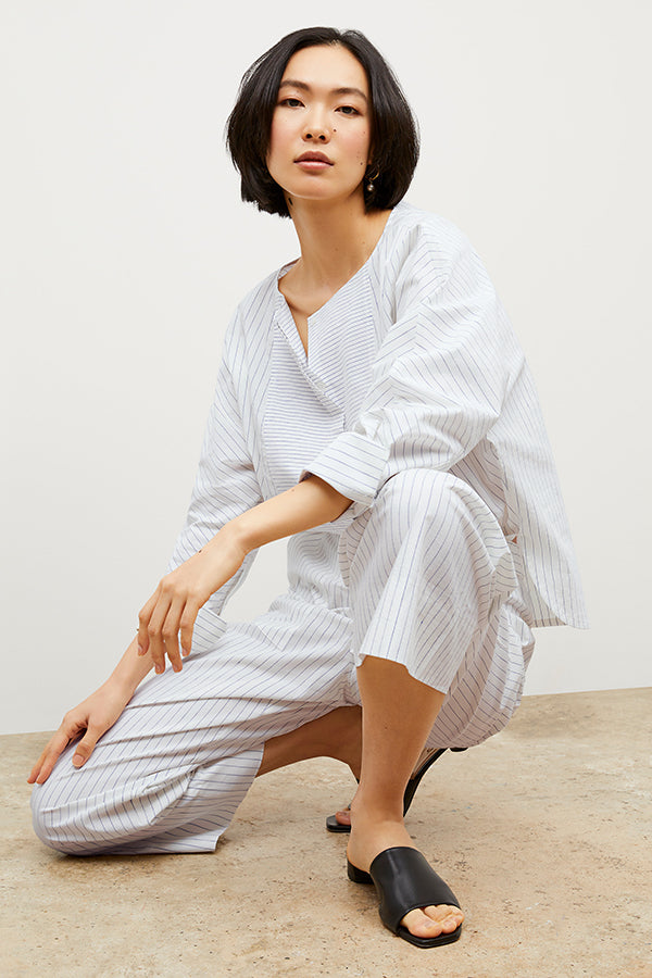 Image of a woman wearing the Chiara Top in Blue / Ivory | Exclude