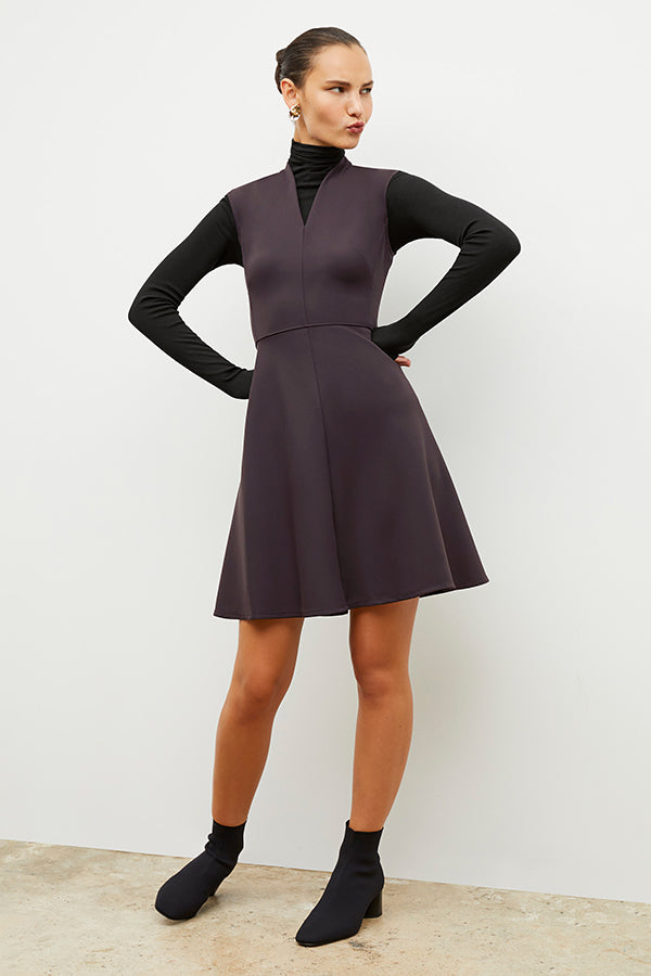 Front image of a woman wearing the ruth dress in haze | Exclude